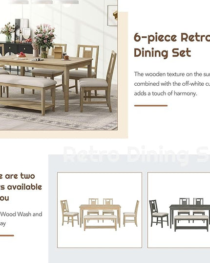 6-Piece Retro Dining Set with 4 upholstered Chairs, Counter Kitchen Suit W/Minimalist Wooden Table and 1 Shelf Bench, for Family Use, Easy to Install, Natural+Beige-1 - LeafyLoom