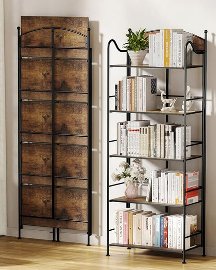 Folding Bookshelf No Assembly, 5 Shelf Black Folding Bookcase, Industrial Tall Metal Collapsible Corner Book Shelf with Storage Shelves for Bedroom, Living Room, Home Office Organization - LeafyLoom