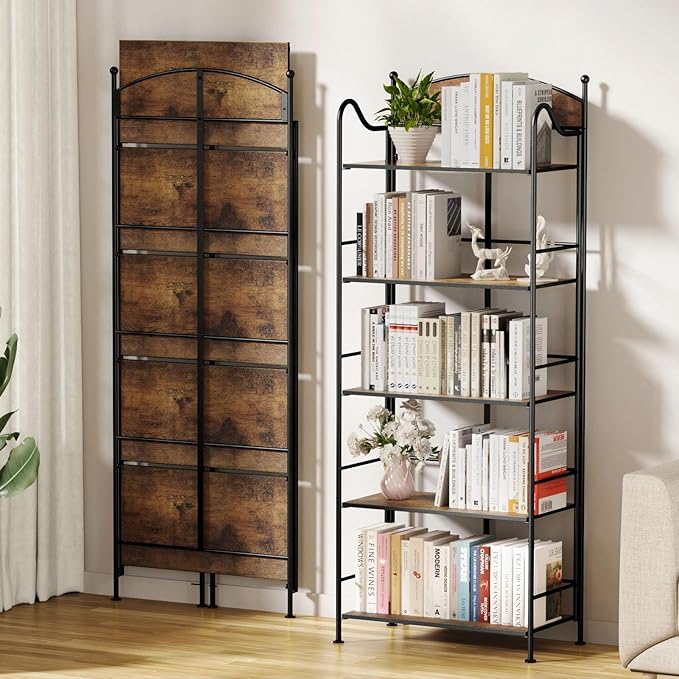 Folding Bookshelf No Assembly, 5 Shelf Black Folding Bookcase, Industrial Tall Metal Collapsible Corner Book Shelf with Storage Shelves for Bedroom, Living Room, Home Office Organization - LeafyLoom