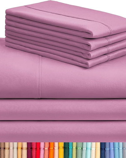LuxClub 7 PC Split King Sheet Set, Breathable Luxury Bed Sheets, Deep Pockets 18" Eco Friendly Wrinkle Free Cooling Sheets Machine Washable Hotel Bedding Silky Soft - Light Plum Split King - LeafyLoom