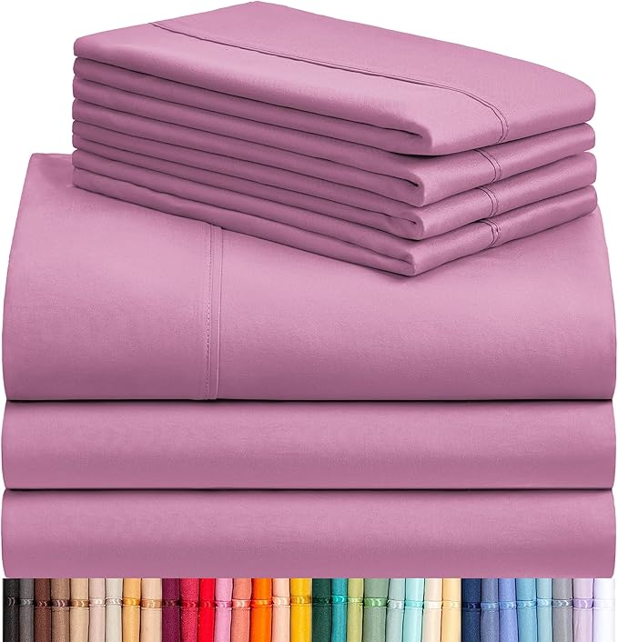 LuxClub 7 PC Split King Sheet Set, Breathable Luxury Bed Sheets, Deep Pockets 18" Eco Friendly Wrinkle Free Cooling Sheets Machine Washable Hotel Bedding Silky Soft - Light Plum Split King - LeafyLoom