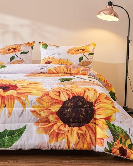 Sunflower Comforter Sets,Seamless Pattern with Hand Drawn Vibrant Yellow Watercolor Sunflowers on The Background,Decorative Bedding Comforter Sets with 2 Pillow Shams, Twin Size - LeafyLoom