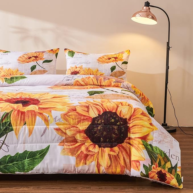 Sunflower Comforter Sets,Seamless Pattern with Hand Drawn Vibrant Yellow Watercolor Sunflowers on The Background,Decorative Bedding Comforter Sets with 2 Pillow Shams, Twin Size - LeafyLoom
