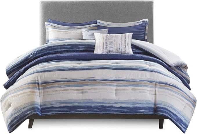 Madison Park Marina Comforter Quilt Combo Set - Modern Luxury Design, All Season Down Alternative Bedding, Matching Shams, Decorative Pillows, Full/Queen(90"x90"), Seersucker Blue 8 Piece - LeafyLoom