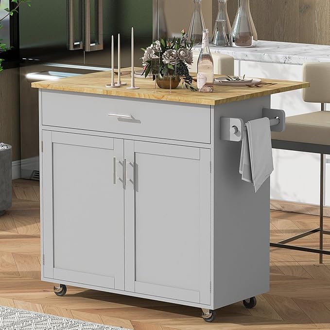 Kitchen Island with Storage, Rolling Table on Wheels w/Divider, Internal Canibet Rack, Adjustable Shelf Tower Rack for Dinning Room, Rubber Wood Contertop - LeafyLoom