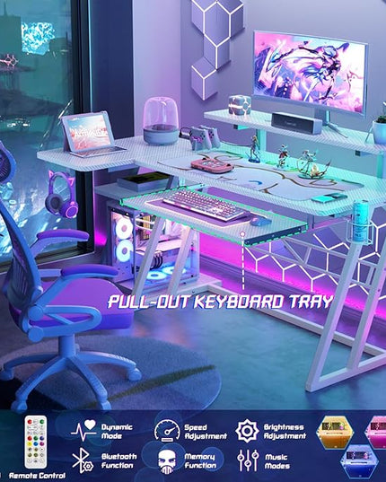armocity L Shaped Gaming Desk with LED Lights and Outlets, White PC Gaming Desk with Monitor Stand and Shelves, Reversible Gaming Computer Desk with Keyboard Tray & Z-Shape Legs, 47" - LeafyLoom