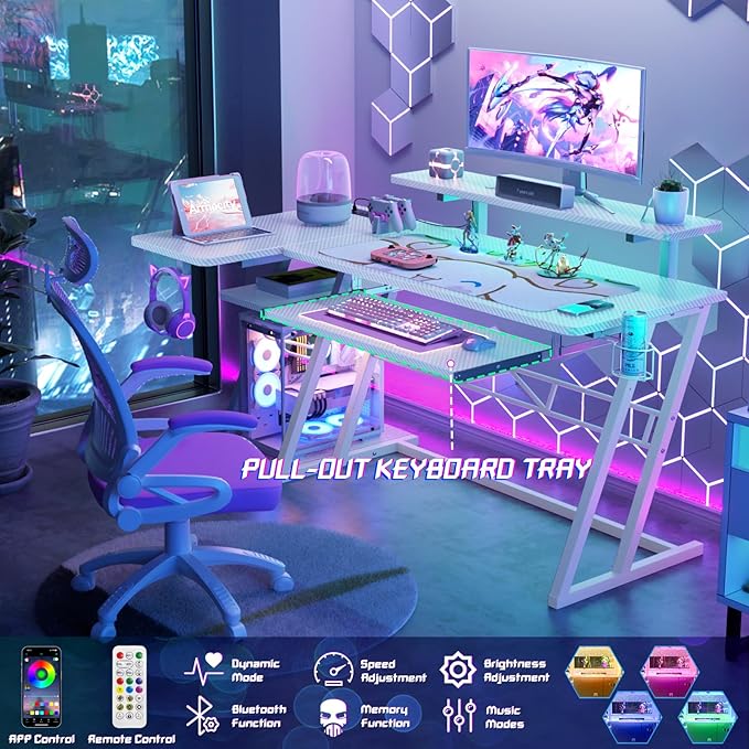 armocity L Shaped Gaming Desk with LED Lights and Outlets, White PC Gaming Desk with Monitor Stand and Shelves, Reversible Gaming Computer Desk with Keyboard Tray & Z-Shape Legs, 47" - LeafyLoom