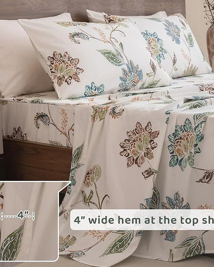 QSH Floral Bed Sheets Queen Size - 100% Egyptian Cotton Sheets Elegant Botanical Leaves Flower Pattern Printed Bedding Sheets Queen Size Bed Extra Soft and Breathable 4pcs Deep Pockets Bed Sheets - LeafyLoom