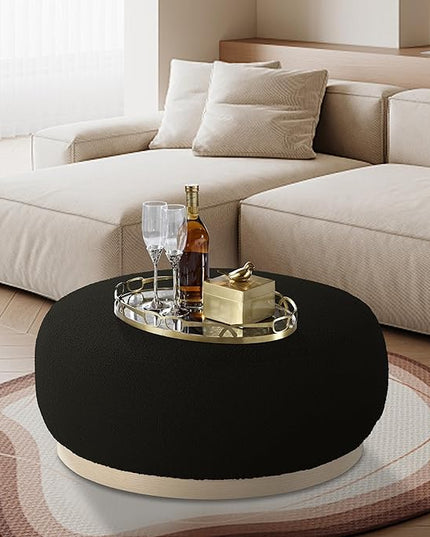 Round Ottoman Coffee Table, Modern Boucle Upholstered Center Table for Living Room Circle Accent Coffee Table for Bedroom Entryway Office - LeafyLoom