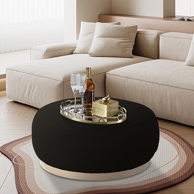 Round Ottoman Coffee Table, Modern Boucle Upholstered Center Table for Living Room Circle Accent Coffee Table for Bedroom Entryway Office - LeafyLoom