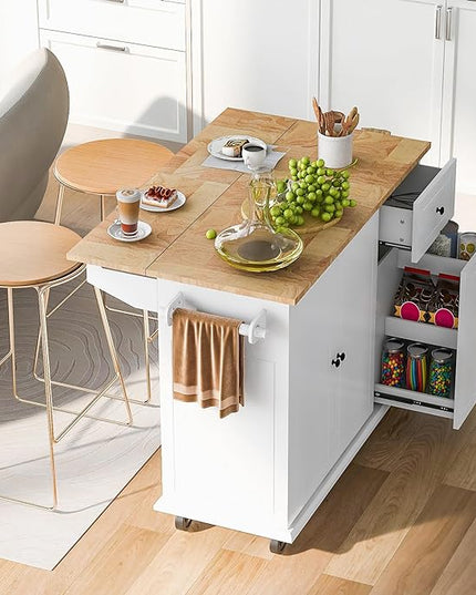 Kitchen Island with Drop Leaf,53.9" W Rolling Mobile Kitchen Cart W/Storage Rack,3 Tier Pull Out Cabinet Organizer,Spice-Rack&Towel-Rack,for Dining Room,Home Bar,White - LeafyLoom