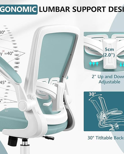 MINLOVE Office Chair Ergonomic Desk Chair with Adjustable Lumbar Support and Height, 90° Flip-up Armrests, Ergo Desk Chairs with Wheels, 360° Swivel Mesh Chair, Home Work Use (Light Blue) - LeafyLoom