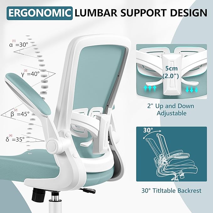 MINLOVE Office Chair Ergonomic Desk Chair with Adjustable Lumbar Support and Height, 90° Flip-up Armrests, Ergo Desk Chairs with Wheels, 360° Swivel Mesh Chair, Home Work Use (Light Blue) - LeafyLoom