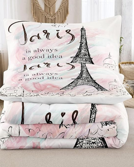 Bodhi Pink Comforter Set Twin,Paris Comforter Set for Girls,Cartoon Sketch Eiffel Tower Pink Bedding Set,Girls Pink Paris Bedding Set with Matching Pillowcase,Eiffel Tower Bedding Set - LeafyLoom
