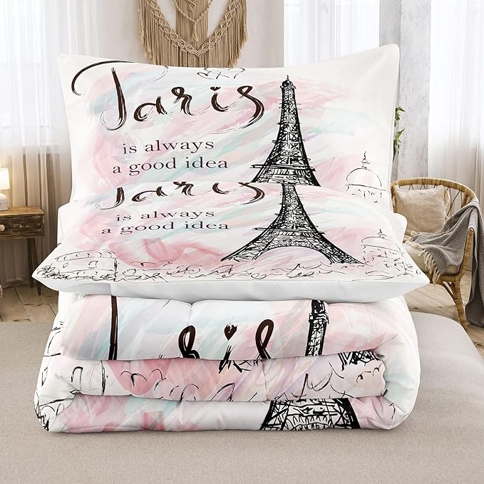 Bodhi Pink Comforter Set Twin,Paris Comforter Set for Girls,Cartoon Sketch Eiffel Tower Pink Bedding Set,Girls Pink Paris Bedding Set with Matching Pillowcase,Eiffel Tower Bedding Set - LeafyLoom
