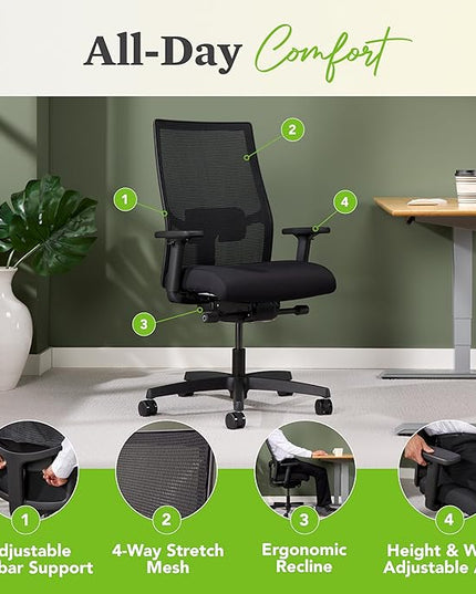 HON Ignition 2.0 Ergonomic Office Chair - Adjustable Tilt, Swivel Wheels, Comfortable for Long Hours - Home Office Desk Chair - LeafyLoom