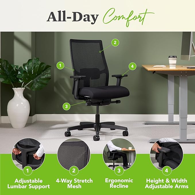 HON Ignition 2.0 Ergonomic Office Chair - Adjustable Tilt, Swivel Wheels, Comfortable for Long Hours - Home Office Desk Chair - LeafyLoom