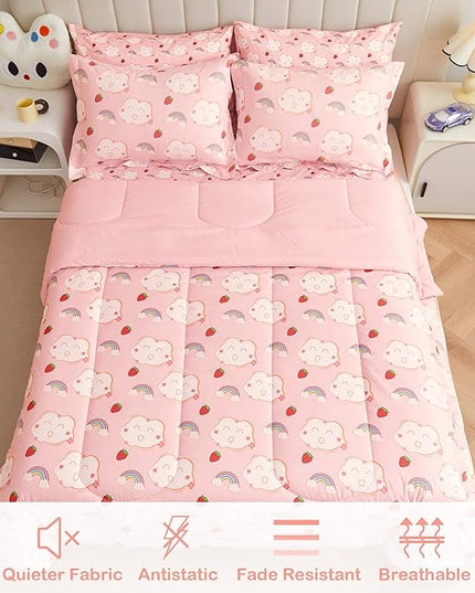 Mooreeke Bed in a Bag for Kids Girls Teens, 5 Pieces Twin Size Comforter Bed Set with Shams, Sheet Set, Rainbow Cloud Strawberry Pink Super Soft Microfiber Kids Comforter Bedding Set - LeafyLoom