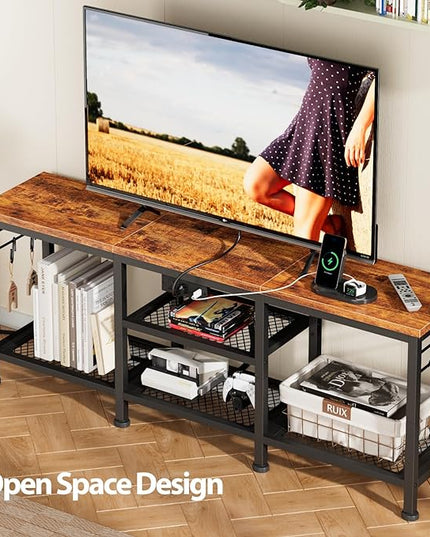Furologee TV Stand with Power Outlets, Entertainment Center with Open Storage Shelves for TVs up to 55 Inch, TV Media Console Table with Soundbar Shelf for Living Room, Bedroom, Rustic Brown - LeafyLoom