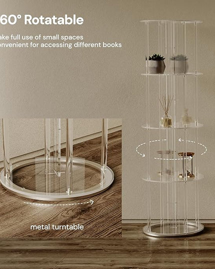 Acrylic Rotating Bookshelf, 5 Tier Round Clear Bookcase with Metal Base, 360 Spinning Bookshelf for Living Room, Bedroom, Corner, Floor Standing, 15.7" D x 15.7" W x 54.1" H - LeafyLoom
