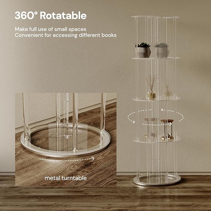 Acrylic Rotating Bookshelf, 5 Tier Round Clear Bookcase with Metal Base, 360 Spinning Bookshelf for Living Room, Bedroom, Corner, Floor Standing, 15.7" D x 15.7" W x 54.1" H - LeafyLoom