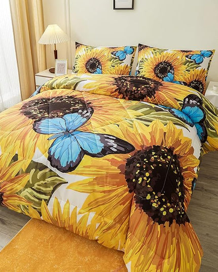 Sunflower Comforter Sets,Beautiful Seamless Pattern with Sunflower Blue Butterflies on White Background,Decorative Bedding Comforter Sets with 2 Pillow Shams, Queen Size - LeafyLoom