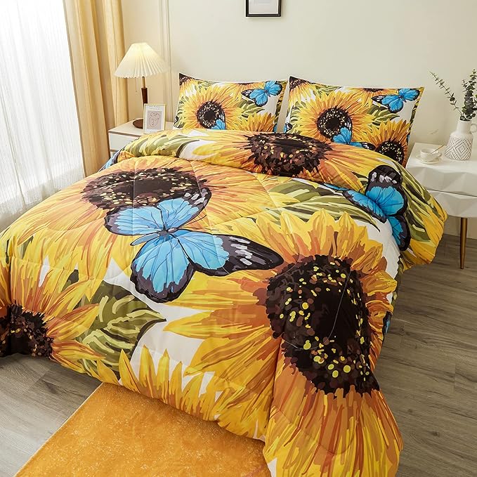 Sunflower Comforter Sets,Beautiful Seamless Pattern with Sunflower Blue Butterflies on White Background,Decorative Bedding Comforter Sets with 2 Pillow Shams, Queen Size - LeafyLoom