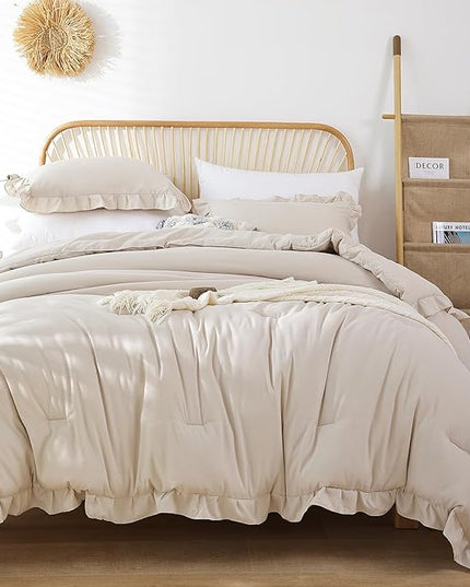 JANZAA Queen Size Comforter Beige Ruffle Comforter Set for Queen Bed 3PCS (1 Off White Comforter and 2 Pillowcases) Vintage Shabby Chic Bedding Soft Fluffy Bed Set for All Season - LeafyLoom