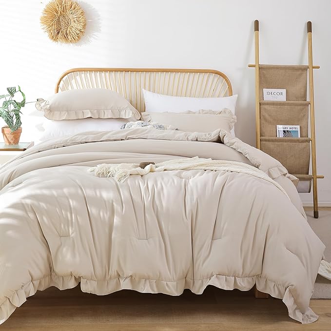 JANZAA Queen Size Comforter Beige Ruffle Comforter Set for Queen Bed 3PCS (1 Off White Comforter and 2 Pillowcases) Vintage Shabby Chic Bedding Soft Fluffy Bed Set for All Season - LeafyLoom