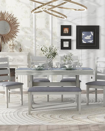 Merax (White Table Set with Unique Legs and 4 Upholstered Chairs & 1 Bench, 6-Piece L Rectangular - LeafyLoom