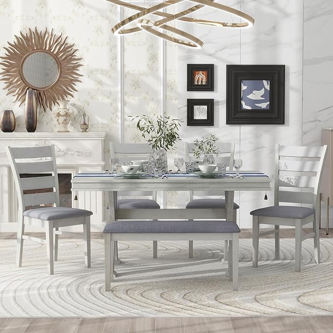 Merax (White Table Set with Unique Legs and 4 Upholstered Chairs & 1 Bench, 6-Piece L Rectangular - LeafyLoom