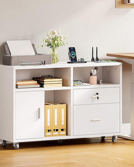 DWVO 2 Drawer File Cabinet with Charging Station, Mobile Filing Cabinet with Lock, White - LeafyLoom