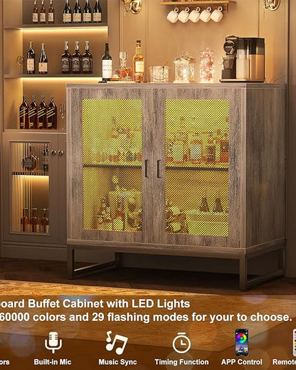 Aheaplus Sideboard Buffet Cabinet with Power Outlet, Accent Cabinet with Storage & LED Lights, Small Storage Cabinet Cupboard Console Cabinet for Kitchen, Hallway, Entryway, Living Room, White Oak - LeafyLoom