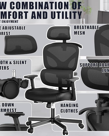 Office Chair, Ergonomic Desk Chair, High Back Desk Chair, Big and Tall Reclining Comfy Home Office Chair with Lumbar Support Breathable Mesh Computer Chair Adjustable Armrests - LeafyLoom