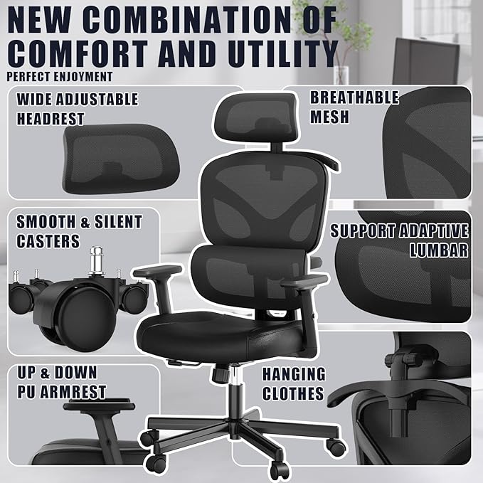 Office Chair, Ergonomic Desk Chair, High Back Desk Chair, Big and Tall Reclining Comfy Home Office Chair with Lumbar Support Breathable Mesh Computer Chair Adjustable Armrests - LeafyLoom
