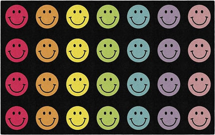 Flagship Carpets Schoolgirl Style Rainbow Smileys in Black Criss-Cross Applesauce Educational Area Rug for Kids Room, Children's Classroom for Teaching & Playroom, 7'6" x 12', Black & Multi, Seats 28 - LeafyLoom