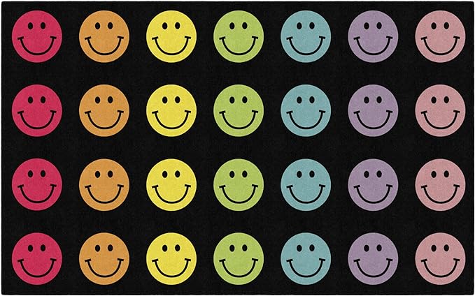 Flagship Carpets Schoolgirl Style Rainbow Smileys in Black Criss-Cross Applesauce Educational Area Rug for Kids Room, Children's Classroom for Teaching & Playroom, 7'6" x 12', Black & Multi, Seats 28 - LeafyLoom
