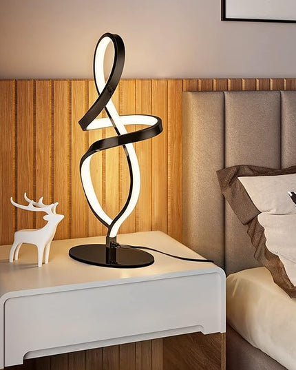 Modern Table Lamp, LED Spiral Lamp, Black Bedside Lamp with Stepless Dimming Switch, Contemporary Nightstand Lamp, LED Lamp for Bedroom Living Room Home Office, 12W, 3200K Warm White - LeafyLoom