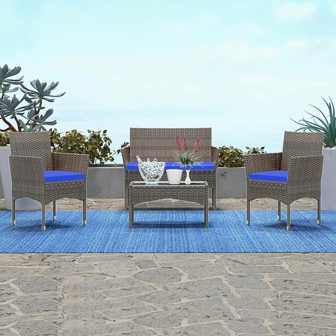 Patio Furniture, 4 Piece Conversation Set, Outdoor Wicker Rattan Table and Chairs, Sectional Sofa with Thick Cushion for Garden, Yard, or Porch, Light Brown - LeafyLoom