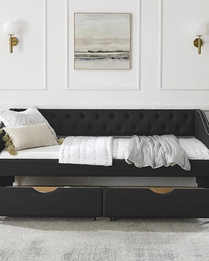 Twin Size Daybed with Two Storage Drawers, Linen Upholstered Tufted Sofa Bed w/Button on Back and Copper Nail on Waved Shape Arms, for Bedroom Living Room, No Box Spring Needed, Black - LeafyLoom