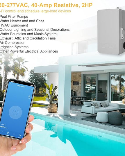 SURAIELEC WiFi Pool Timer, 40 AMP, 1HP 120V, 2HP 240V, Outdoor Indoor Smart Switch, Heavy Duty Pool Controller Light Timer Box for Pump, Water Heater, Spa, Powerful Electrical Appliances SURAIELEC