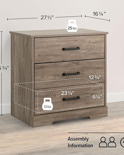 Prepac Three Drawer Nightstand, 16.25in x 27.5in x 26.75in, Rustic Brown - LeafyLoom