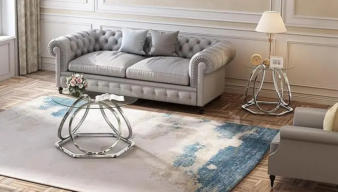 O&K FURNITURE Glass Coffee Table, Modern Silver Coffee Table Living Room Table with Hexagonal Base, Round Coffee Table for Home&Office, Chrome Finish, 1 PC - LeafyLoom