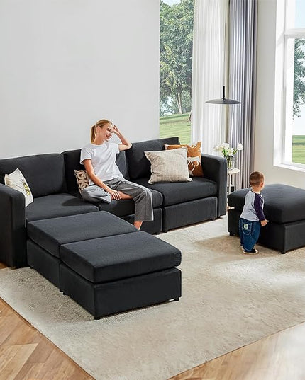 Sweetcrispy Convertible Modular Sectional Sofa, 6 Seat 5 Back Sectional Couches for Living Room, U-Shaped Modern Fabric Modular Sofa Sleeper with Double Chaise for Home, Apartment, Dorm, Dark Grey - LeafyLoom