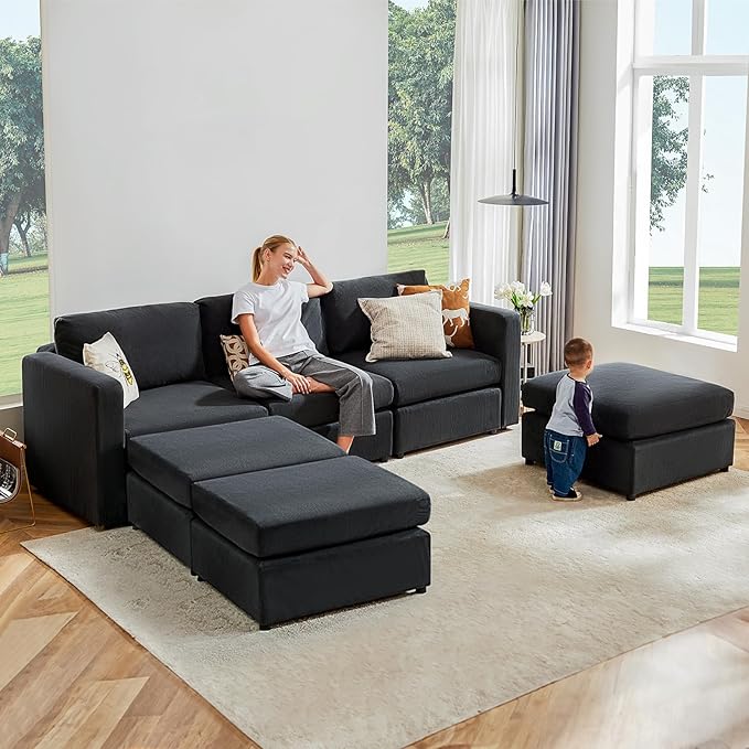 Sweetcrispy Convertible Modular Sectional Sofa, 6 Seat 5 Back Sectional Couches for Living Room, U-Shaped Modern Fabric Modular Sofa Sleeper with Double Chaise for Home, Apartment, Dorm, Dark Grey - LeafyLoom