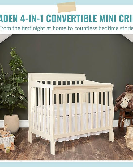 Aden 4-in-1 Convertible Mini Crib In French White, Greenguard Gold Certified, Non-Toxic Finish, New Zealand Pinewood, With 3 Mattress Height Settings - LeafyLoom