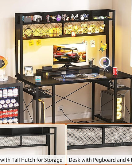 armocity 2024 Upgrade Gaming Desk with Hutch, 48'' Magic Computer Desk with LED Lights and Outlets, Reversible Workstation Desk with Pegboard and Monitor Stand, 48 Gamer Desk PC Table, Black - LeafyLoom