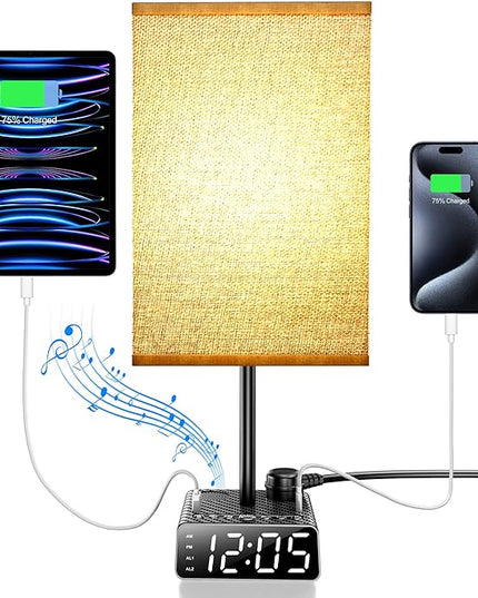 Table Lamp with Alarm Clock Base,Yostyle Bedside Lamp,2 USB & 1 AC Power Outlets, FM Radio & Speaker 6Ft Extension Cord - Square Oatmeal Fabric Lampshade,Touch Control Ideal for Bedrooms Living Rooms - LeafyLoom