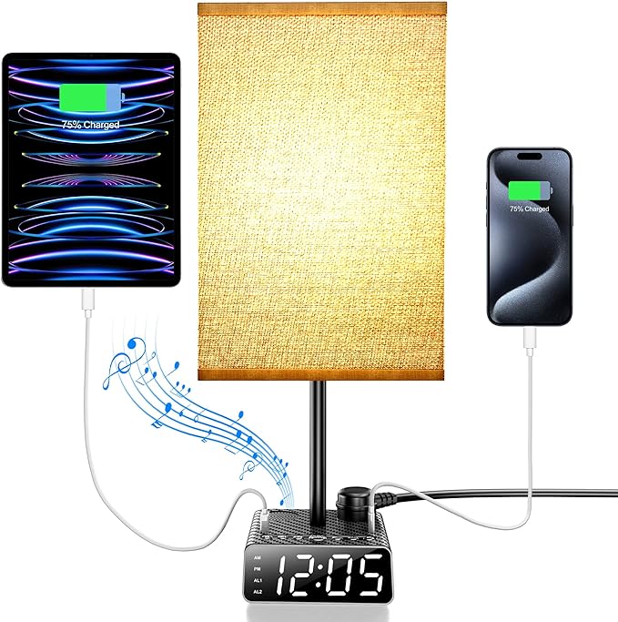 Table Lamp with Alarm Clock Base,Yostyle Bedside Lamp,2 USB & 1 AC Power Outlets, FM Radio & Speaker 6Ft Extension Cord - Square Oatmeal Fabric Lampshade,Touch Control Ideal for Bedrooms Living Rooms - LeafyLoom