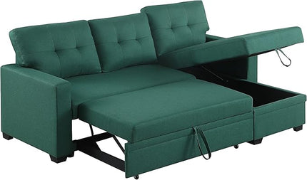 82 Inch Convertible L Shaped Sleeper Sectional Sofa Linen with Storage Chaise, Pull Out Bed,Reversible Corner Couch Design, 82inch, Green - LeafyLoom
